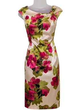 Evan Picone | Floral Satin Sheath Dress | Formal | Party | Wedding Guest | Artsy